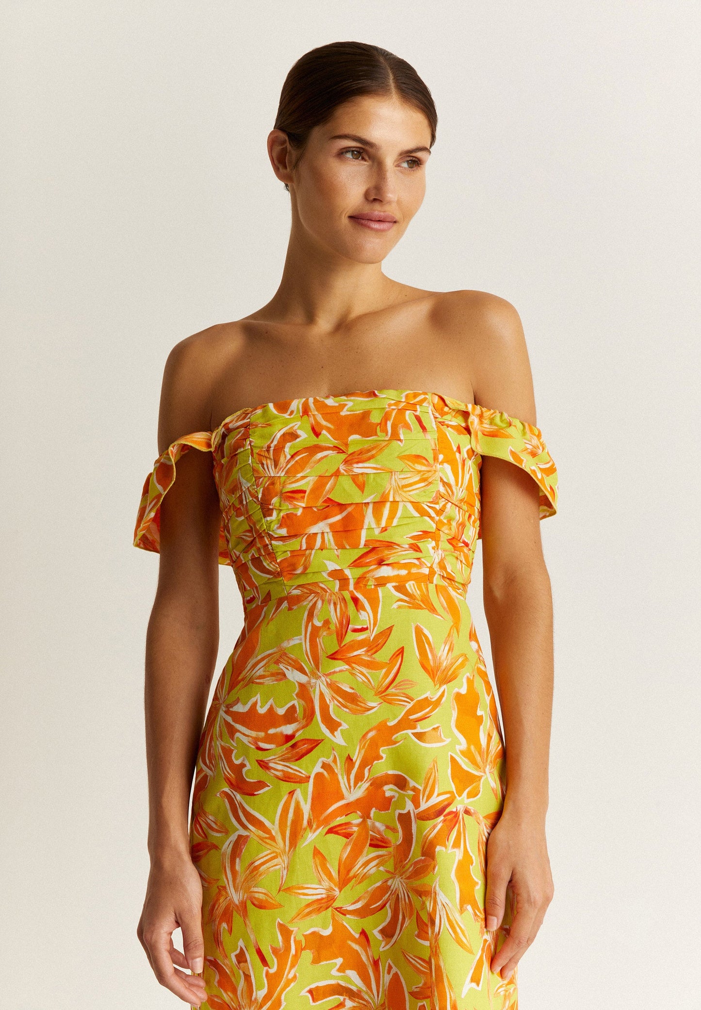 VESTIDO LINO MIDI DRAPEADO PECHO