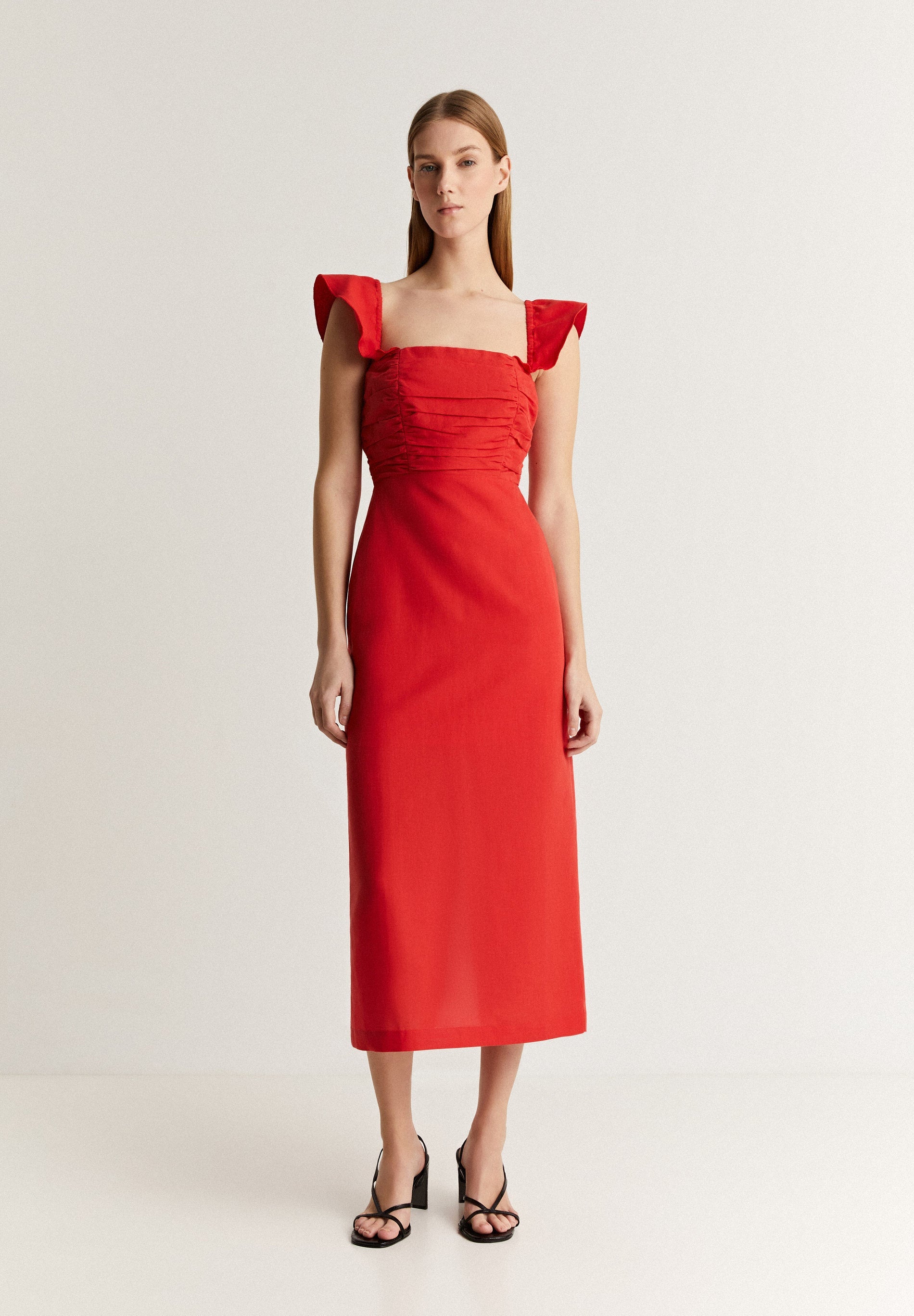 VESTIDO LINO MIDI DRAPEADO PECHO