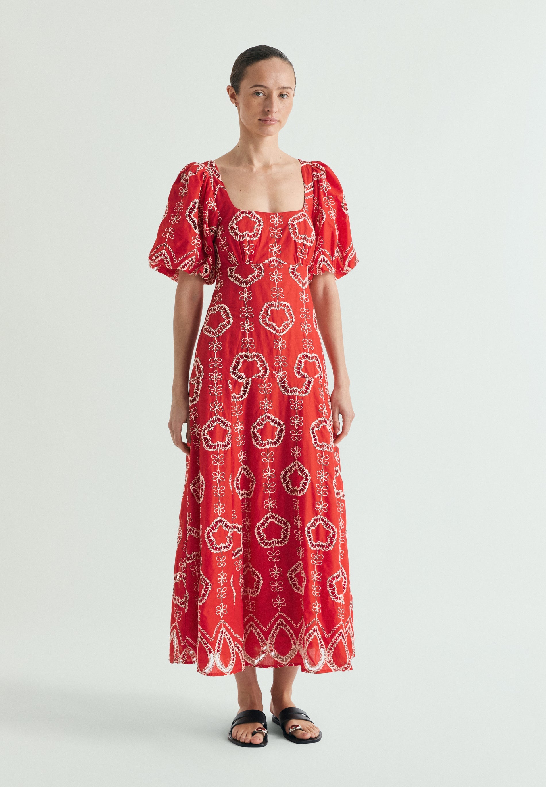 VESTIDO MIDI MANGAS ABULLONADAS